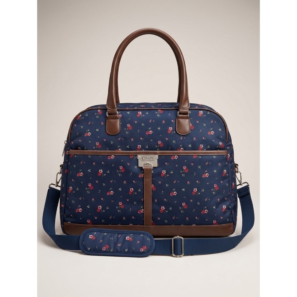 Chaps Floral Weekender Bag Navy Duffle Travel Tote Vintage Retro Cottagecore